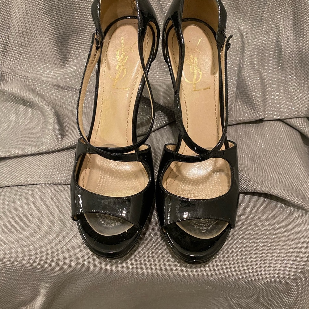 Yves Saint Laurent Black Patent Leather Peep-Toe Heels